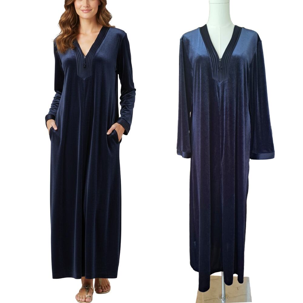 OSCAR de la RENTA Velvet Long Caftan Small/Medium Midnight Blue Long Sleeve